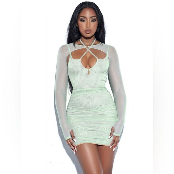 NWOT Miss Circle Flora Sage Green Mesh Stretchy Ruched Bodycon Halter Dress XL - Picture 1 of 13